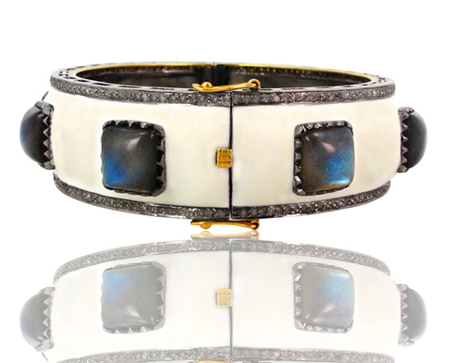 Diamond Labradorite Gold Bangle - 14k Gold, 69x21/61 mm, White, Diamond & Labradorite Stones | Elegant Design, Statement Piece, Giftable