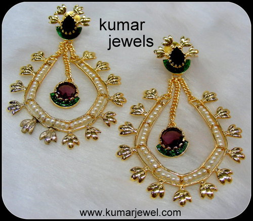Beaded Ethnic Earring - Silver Alloy Gold Plated, Dark Mauve Stones, Green Enamel, Freshwater Pearls, Lightweight Party Wear