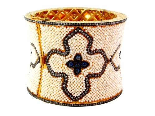 Sapphire Pearl Diamond Gold Bangle - 14k Gold, 67x52/54/61 mm, Blue Sapphire and Pearl, 7.14 CTS Diamond, 70.86 CTS Color Stones, Elegant Design and Exquisite Craftsmanship