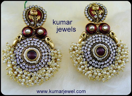 Polki Designer Earrings - Silver & Alloy, 25x15 mm, Red Enamel | Gold Plated, CZ Diamonds, Pearls, Elegant Design