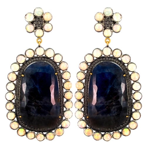 Sapphire Opal Diamond Gold Earrings