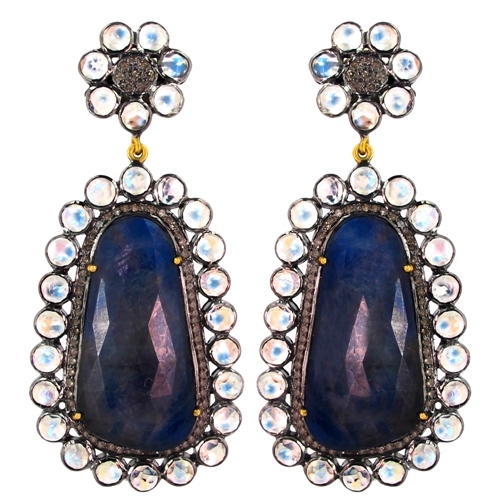 Moonstone Sapphire Diamond Gold Earrings
