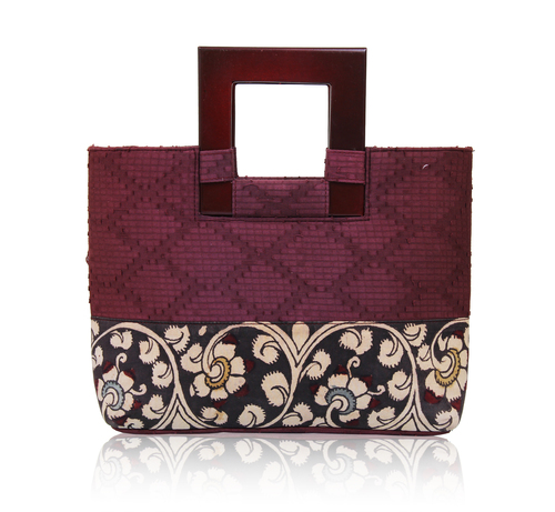  Silk Jacquard Shopper Handbag with Square Handle with Kalamkari Design