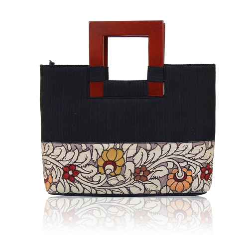 Silk Jacquard Shopper Handbag with Square Handle with Kalamkari Design