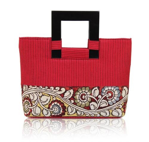 Silk Jacquard Shopper Handbag with Square Handle with Kalamkari Design