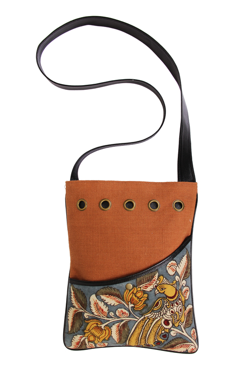 Handpainted Denim Crossbody Messenger Bag Birthday or Housewarming Gift Ideas - Denim, Leather, 13x10.5 inches, Orange | Unique Handpainted Design, Durable, Stylish Accessory, Crossbody Strap 21.5 inches