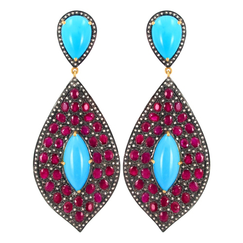 Turquoise Ruby Diamond Gold Earrings