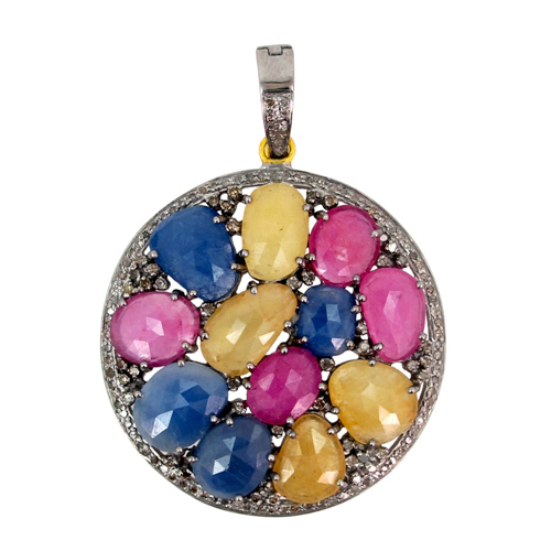 Multi Sapphire Diamond Gold Pendant - 14k Gold, 58x45 mm, Blue Multi Sapphire, 1.58 CTS Diamond | Elegant Design, Gift-Ready Jewelry