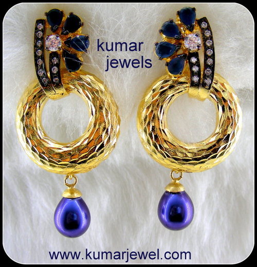 Latest Golden Earrings - Silver & Alloy, Gold Plated, 1.5x2 cm, Blue Drop | Elegant Design, CZ & Sapphire Stones