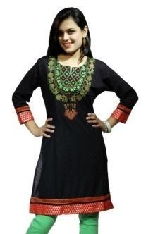 FASHION COTTON KURTI - Cotton, Knee-Length, Black | Embroidered, Comfortable Fabric, Stylish Design, Perfect Fit, Durable Material, Trendy Style, Easy to Wash, Versatile Wear, Three-Quarter Sleeve, Round Neck, Multiple Sizes