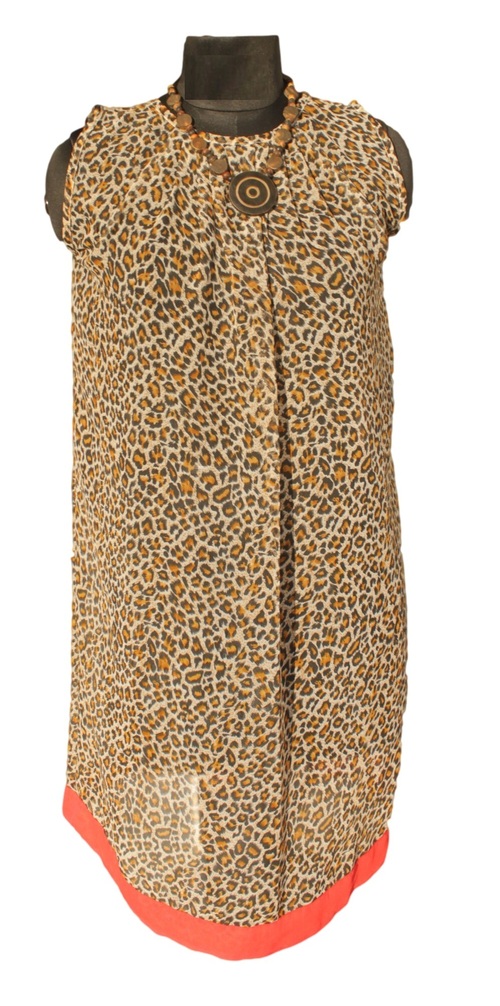 Animal Printed Orange Borde Party Wear Women Dress - Georgette, 40 Inches, S-XL | Stylish, Comfortable, Elegant, Sleeveless, Round Neckline, A-line