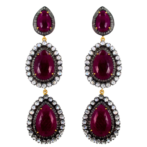 Ruby Moonstone Diamond Gold Earrings