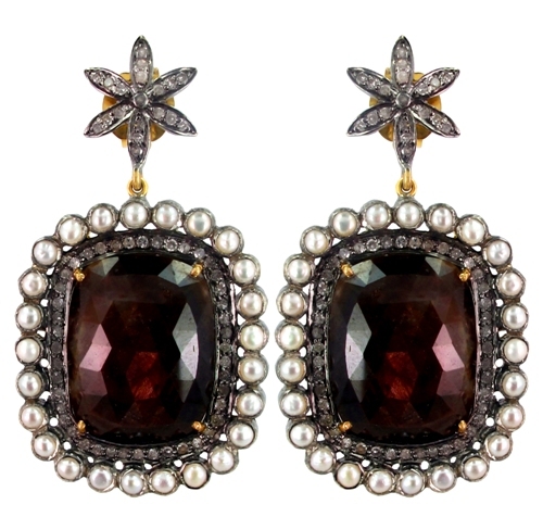 Multi Sapphire Pearl Diamond Gold Earrings