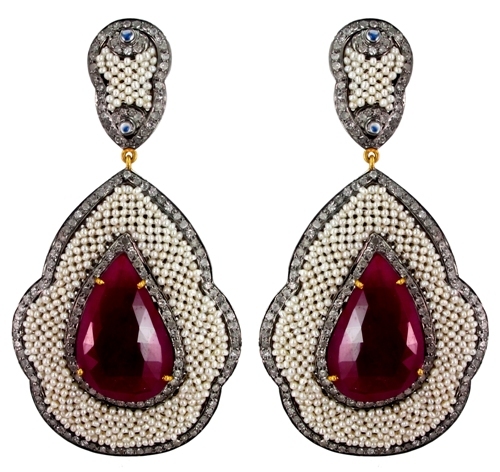 Ruby Pearl Diamond Gold Earrings