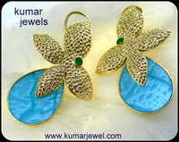 Girlish Shell Earrings - Silver Alloy Gold Plated, Blue Shell & Emerald, Clip-on Flower Design, Daily Wear