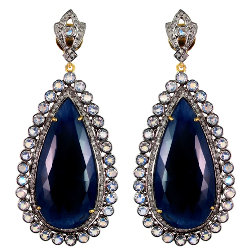Moonstone Sapphire Diamond Gold Earrings - 14k Gold, 70x29 mm, Moonstone & Sapphire, Diamond Accent, Elegant Design