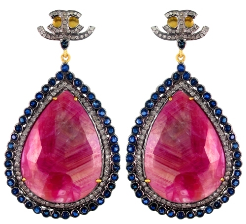 Ruby Blue Sapphire Diamond Gold Earrings