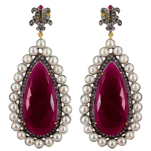 Ruby Pearl Diamond Gold Earrings