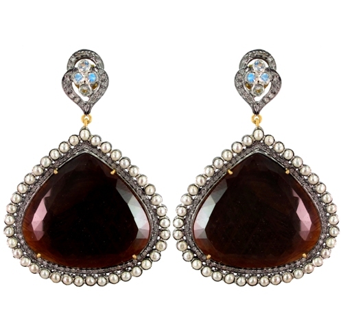 Diamond Multi Sapphire Pearl Gold Earrings - 14k Gold, 70x49 mm, Black, 1.91 CTS Diamond | Elegant Design, Luxury Appeal, Giftable