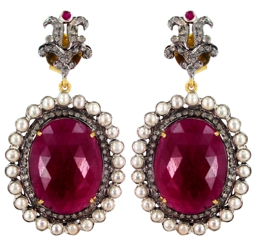 Ruby Pearl Diamond Gold Earrings