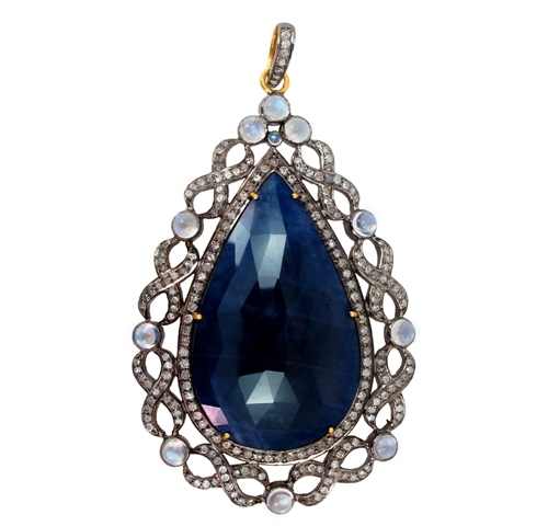 Blue Sapphire Moonstone Gold Pendant