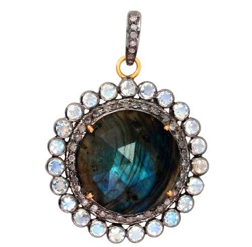 Moonstone Labradorite Diamond Gold Pendant