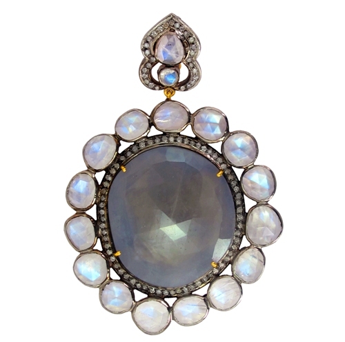 Sapphire Moonstone Diamond Gold Pendant
