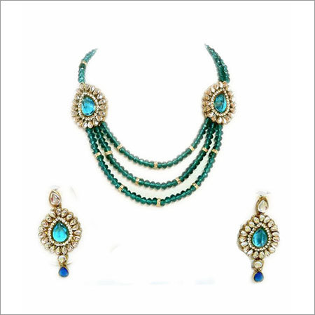 Crystal Bluish Green 3 line Necklace Set 21