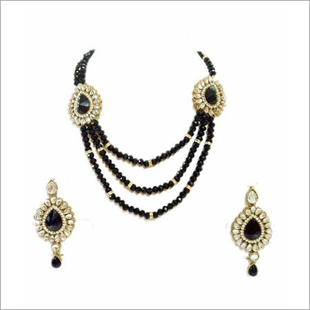 Crystal Black 3 Line Necklace Set 22 Inches Glass Metal, Black Crystal Beads, Elegant Three-Strand Design