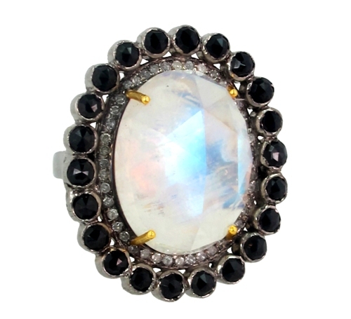 Black Spinel Moonstone Diamond Gold Ring
