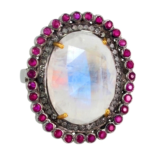 Moonstone Ruby Diamond Gold Ring