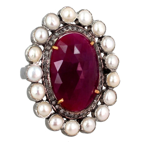 Pearl Ruby Diamond Gold Ring