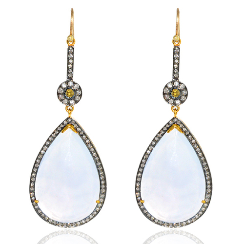 Chalcedony Diamond Gold Victorian Hook Earrings Jewelry