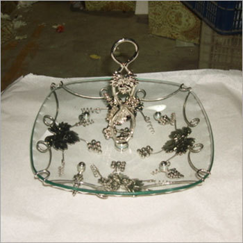 Snack Server Plate - Glass & Metal, 12x10x3 Inches, Clear | Elegant Floral Design, Durable, Easy to Clean, Metal Handle