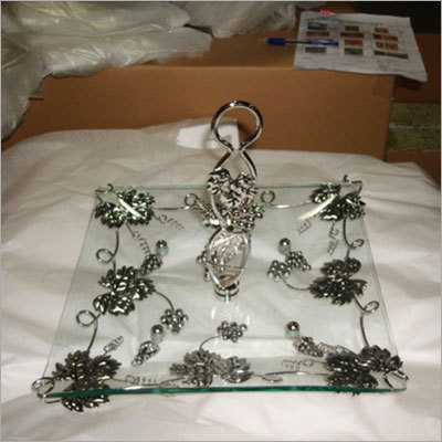 Snack Server Plate - Glass & Metal, 12x12 Inches, Clear | Elegant Vine Design, Durable, Easy to Clean, Metal Handle