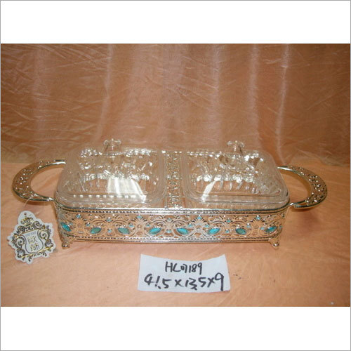 Dry Fruit Tray With 2 Bowls 1 - Metal 12x8x4 Inches Gold, Polished Finish, Brass Handles