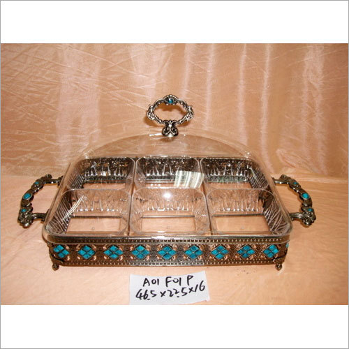 Dry Fruit Tray Set With 6 Bowls - Glass Metal, 12x8x4 Inches, Bronze | Elegant Design, Six Compartments, Stylish Serving