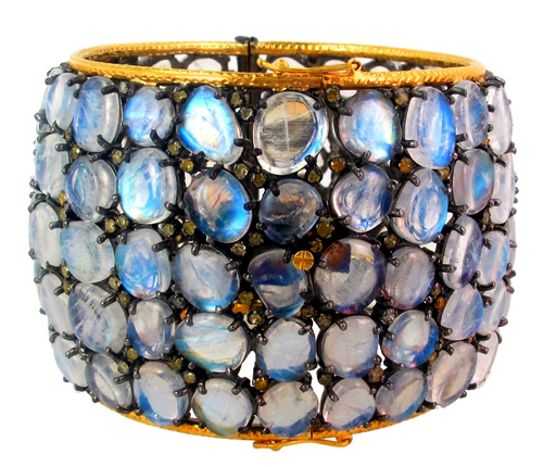 Moonstone Diamond Gold Bangle - 14k Gold, 75x51/57 mm, Moonstone, 5.1 CTS Diamond | Elegant Design, Luxury Material, Giftable Item