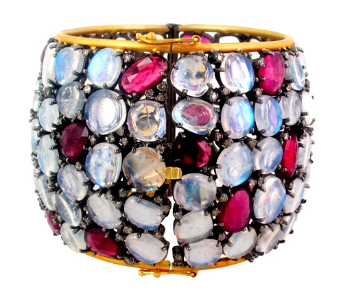 Pink Tourmaline Moonstone Diamond Gold Bangle - 14k Gold, 76x54 mm, Pink Gemstones, Diamond Accents, Elegant Luxury