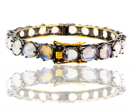 Gold Diamond Moonstone Bangle - 14k Gold, 76x8 mm, Moonstone, 0.59cts Diamond, Elegant Gift Jewelry