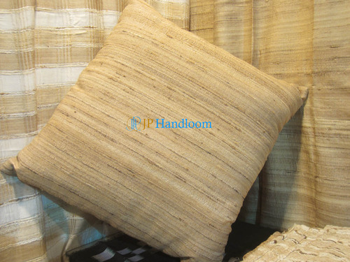 Tussah Silk Handwoven Cushion Cover - 100% Silk, Square Shape, Light Yellow Color | Plain Dyed, Hand Woven with Stripe Style