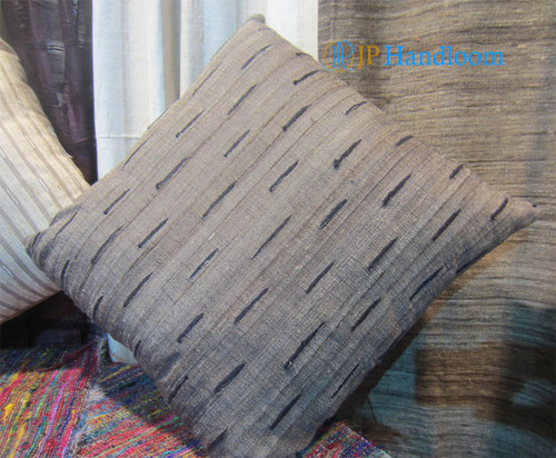 Tussar Silk Bit Design Cushion Cover - 100% Silk, Square Shape, Dark Brown Color, Hand Woven, Stripe Pattern | Easy to Wash, Colorfastness, Attractive Prints