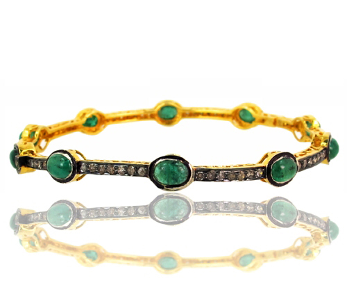 Emerald Diamond Gold Bangle - 14k Gold, 69x2 mm, Green Emerald, 1.15 CTS Diamond | Elegant Design, Luxury Gemstones, Giftable Item