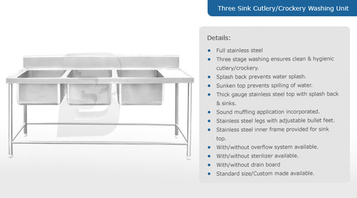 Three Sink Cutlery / Crockery Washing Unit