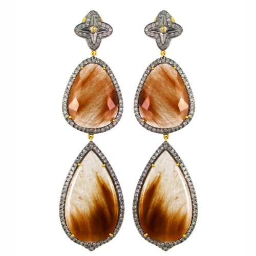 Rutile Quartz Diamond Gold Earrings