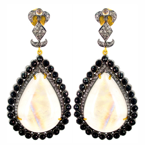 Moonstone Black Spinel Diamond Gold Earrings