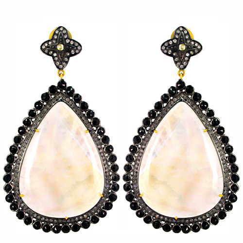 Moonstone Black Spinel Diamond Gold Earrings