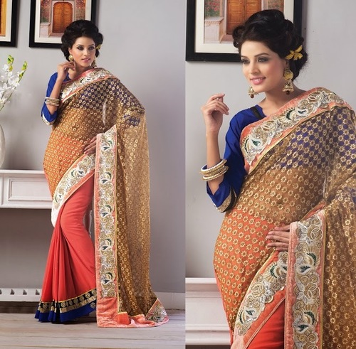 Half Half Sarees Online - Georgette Net Jacquard Saree 6.30 Meters, Peach Beige, Resham Embroidery Stone Work