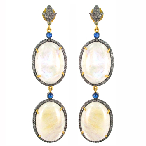 Moonstone Sapphire Diamond Gold Earrings