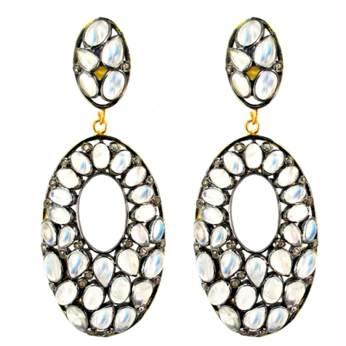 Silver Diamond Moonstone Earrings
